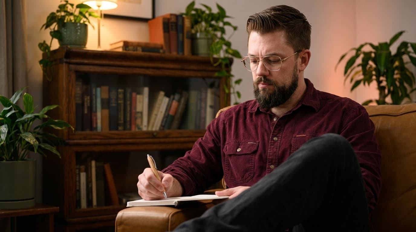 Matthew Lewin, Accredited Social Worker, writing in a notebook in the warm, lamp-lit Timber Therapy counselling room in Stafford, Brisbane