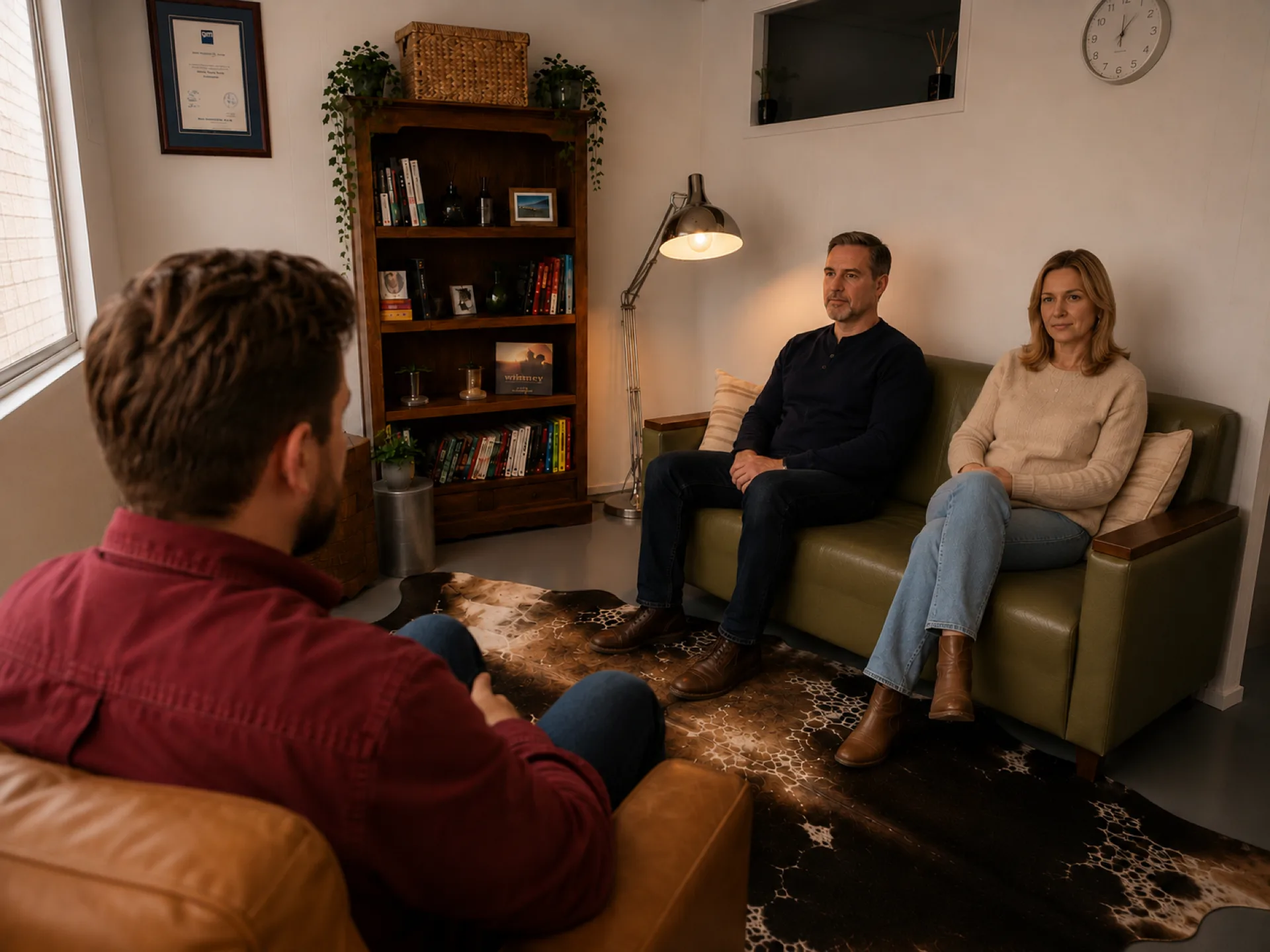 A couples therapy session in the Timber Therapy room — couple on the green sofa, therapist in the foreground