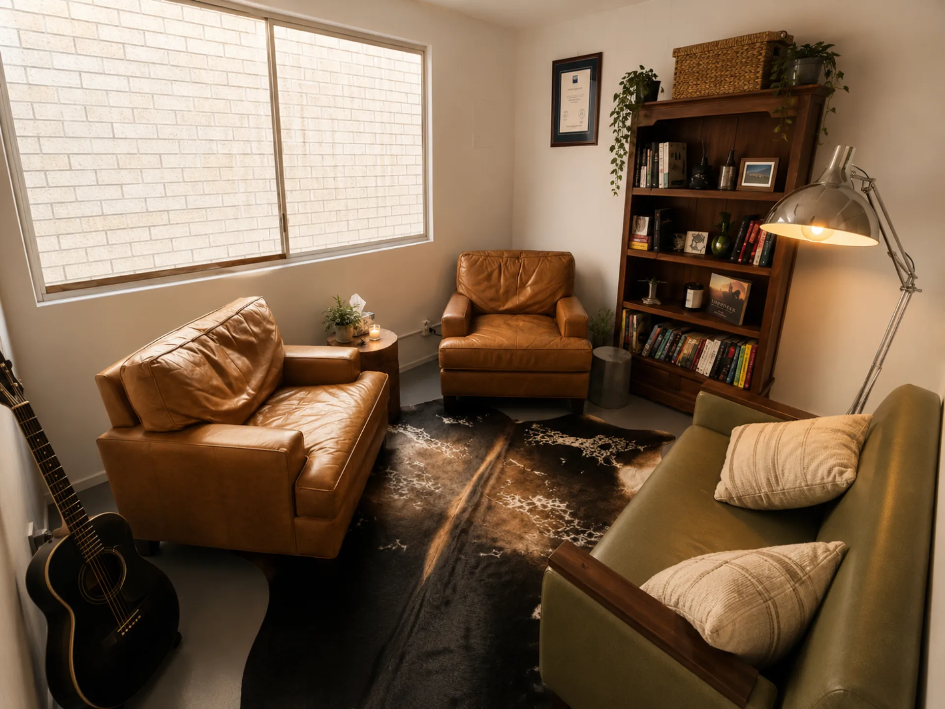 Men speaking during a therapy session at Timber Therapy in Stafford, Brisbane
