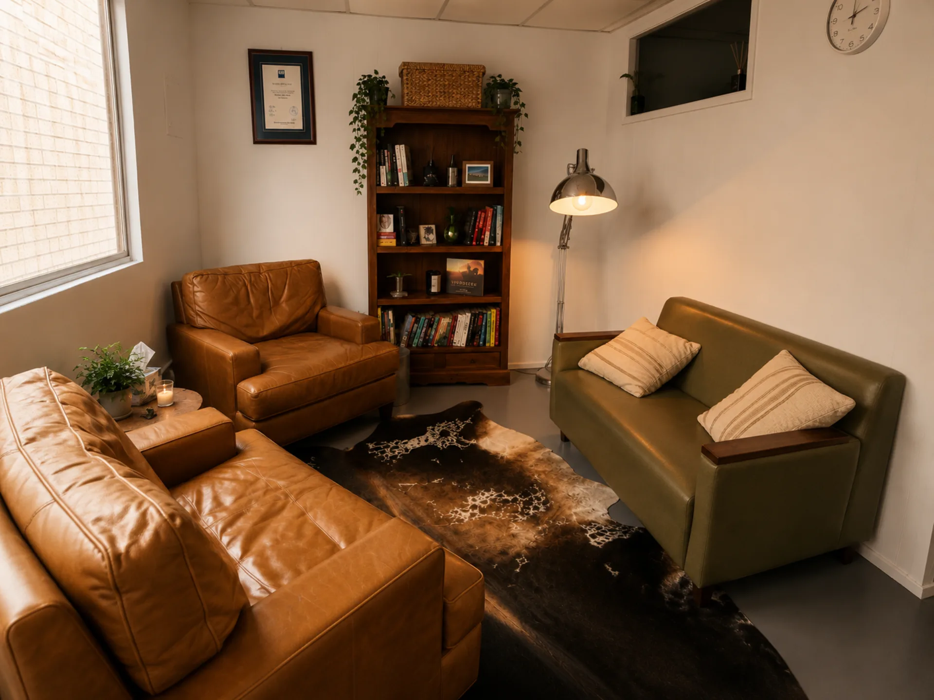 The Timber Therapy counselling room with sofa and bookshelf